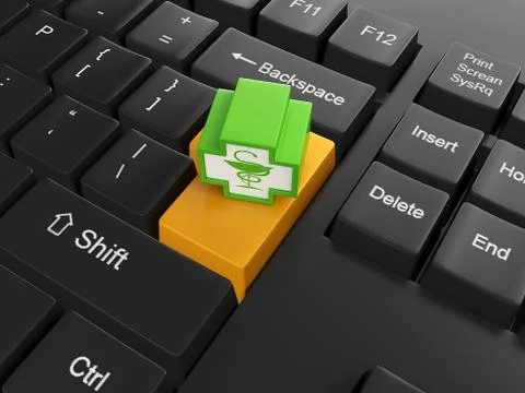 3d illustration of computer technologies. keyboard and medical sign, call the Stock Illustration