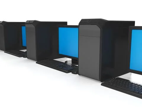 3d illustration of computer technology. a group of computers connected to the Illustrazione stock