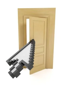 3d illustration: concept of internet technologies. mouse cursor, and the door Stock Illustration