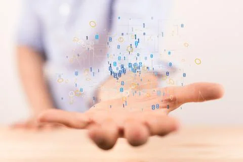 3D illustration of connected numbers floating above a hand showing data and arti Photos