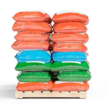 3D illustration of construction materials pack of bags, aggregates, sand and cem Ilustración de archivo