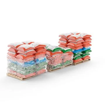 3D illustration of construction materials pack of bags, aggregates, sand and cem Ilustración de archivo