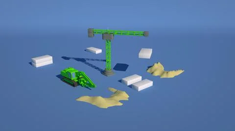 3d illustration of a construction site, a crane lifts building blocks. Colored Stock Illustration