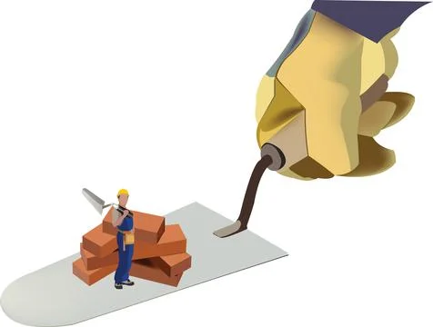 A 3D illustration of construction trowel with bricks and worker isolated on a Stock Illustration
