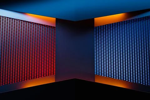 3D illustration corner of a rectangular room made of orange honeycomb. black, Stock Photos