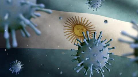 3D illustration coronavirus floating over Argentinian flag. Argentine Covid 1 Ilustração Stock