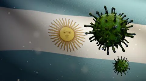 3D illustration coronavirus floating over Argentinian flag. Argentine Covid 1 Ilustração Stock