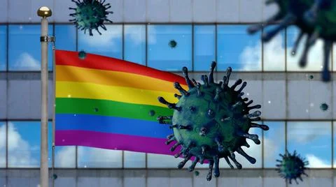 3D illustration coronavirus floating over gay flag on modern city skyscraper. Stock Illustration