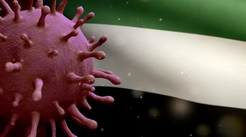 3D illustration Coronavirus floating over United Arab Emirates flag. UAE Covi Stock Illustration