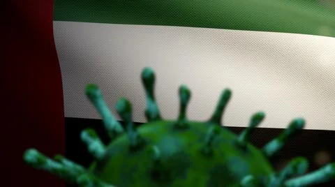 3D illustration Coronavirus floating over United Arab Emirates flag. UAE Covi Ilustração Stock