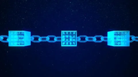 A 3D illustration of cubes with binary numbers inside with blockchain on a da Stockillustratie