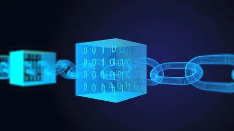 A 3D illustration of cubes with binary numbers inside with blockchain on a da Illustrazione stock