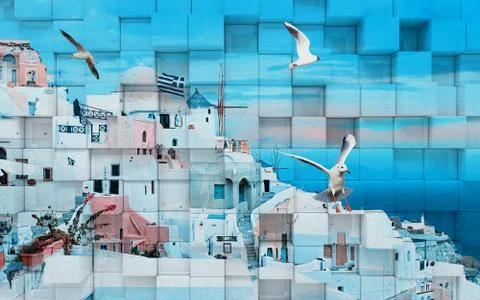 3d illustration, cubes, white old house, blue sky and sea, seagulls Stock Illustration