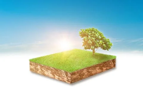 3d illustration of cubical soil slice, green grass with trees floating over s 库存插图