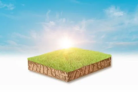 3d illustration of cubical soil slice, green grass floating over sky cloud ba Stock Photos