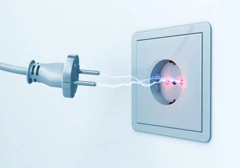3d illustration of a current spark between a power plug and a socket outlet イラスト素材