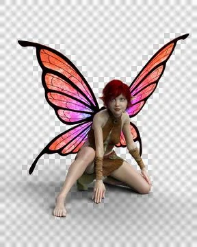 3D illustration of a cute female pixie crouching with wings open isolated on  Stock Illustration