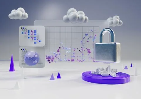 3D illustration Cybersecurity Concept with Padlock Data Graphs, and Tech Network Illustrazione stock