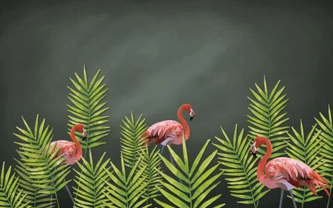 3d illustration, dark background, three pink flamingos and tropical leaves Stock Illustration