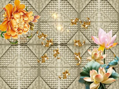 3d illustration, dark background, tile, water lilies, goldfish Stock Illustration