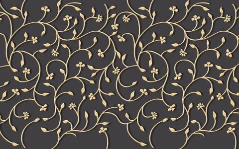 3d illustration, dark gray background, gold ornamental flowers Stock Illustration