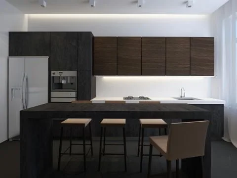 3D illustration dark kitchen with stone facade Stock Illustration