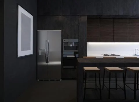 3D illustration dark kitchen with stone facade Stock Illustration