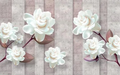 3d illustration, dark tiled background, large white roses Stock Illustration