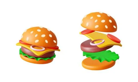 3D Illustration of a Deconstructed Cheeseburger Stock Illustration