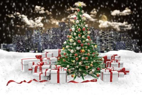 3D illustration. Decorated Christmas tree and gifts during a snowfall, agains Stock Illustration