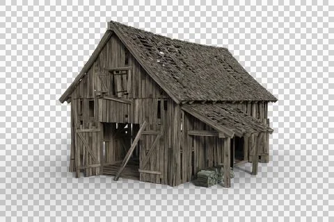 3D illustration of a decrepit old grey wooden barn with open doors and holes  Stock Illustration