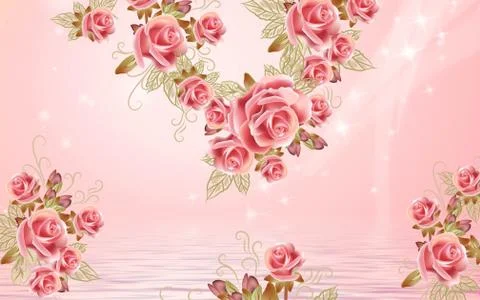 3d illustration, delicate pink background, water, beautiful large pink roses Stock Illustration