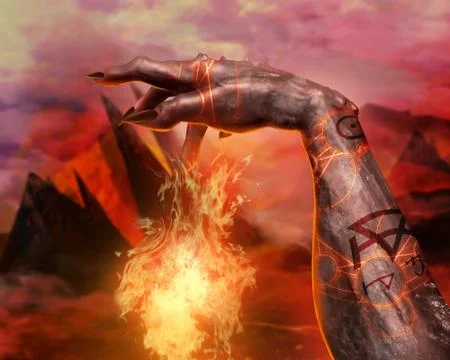 3D illustration of a demonic hand spell first person view. Stock Illustration