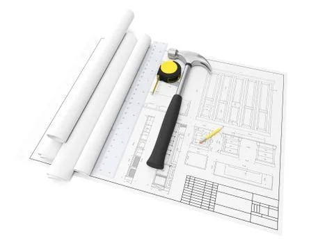 3d illustration: design and development of furniture, drawings, hammer, ruler Stock Illustration