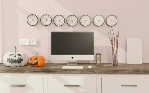 3D illustration .Desktop computer mockup in a living room Halloween decoratio Stock Illustration