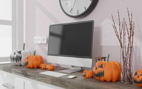 3D illustration .Desktop computer mockup in a living room Halloween decoratio Illustrazione stock