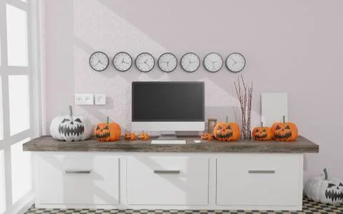 3D illustration .Desktop computer mockup in a living room Halloween decoratio Illustrazione stock