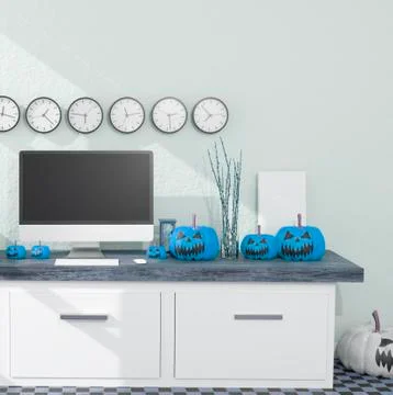 3D illustration .Desktop computer mockup in a living room Halloween decoratio Illustrazione stock