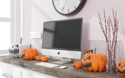 3D illustration .Desktop computer mockup in a living room Halloween decoratio Illustrazione stock