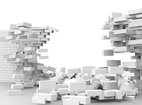 3d illustration, destroyed gray brick wall on white background Stock Illustration