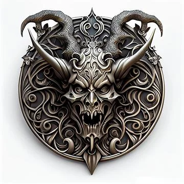 3D illustration of a devil skull with metallic details for a T-shirt design logo 스톡 일러스트
