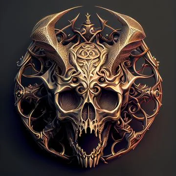 3D illustration of a devil skull with metallic details for a T-shirt design logo Illustrazione stock