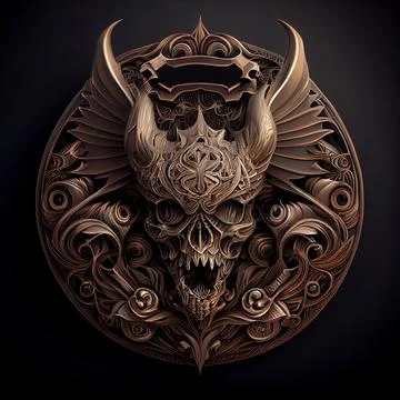3D illustration of a devil skull with metallic details for a T-shirt design logo Illustrazione stock