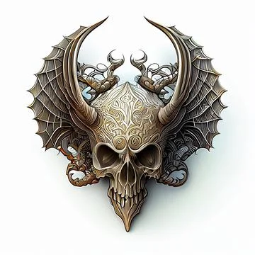 3D illustration of a devil skull with wings and metallic details for a T-shirt d 스톡 일러스트