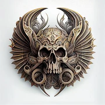 3D illustration of a devil skull with wings and metallic details for a T-shirt d Illustrazione stock