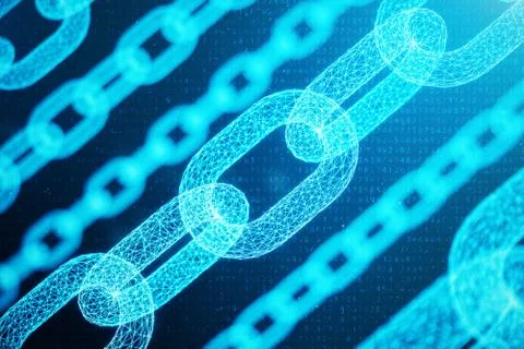 3D illustration digital block chain code. Chain links network. Low polygonal Stock Illustration
