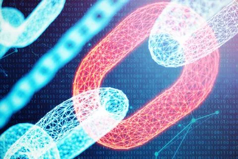 3D illustration digital block chain code. Chain links network. Low polygonal 스톡 일러스트
