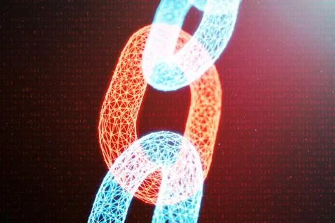 3D illustration digital block chain code. Chain links network. Low polygonal Stock Illustration