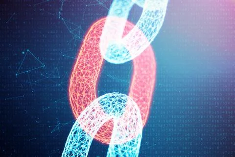 3D illustration digital block chain code. Chain links network. Low polygonal 스톡 일러스트