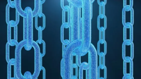 3D illustration digital blockchain code. Chain links network. Blue background Vídeo Stock 106408916